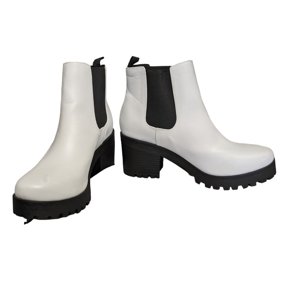 SODA Platform Ankle Boots, faux leather White w/Black stretch & lug sole…